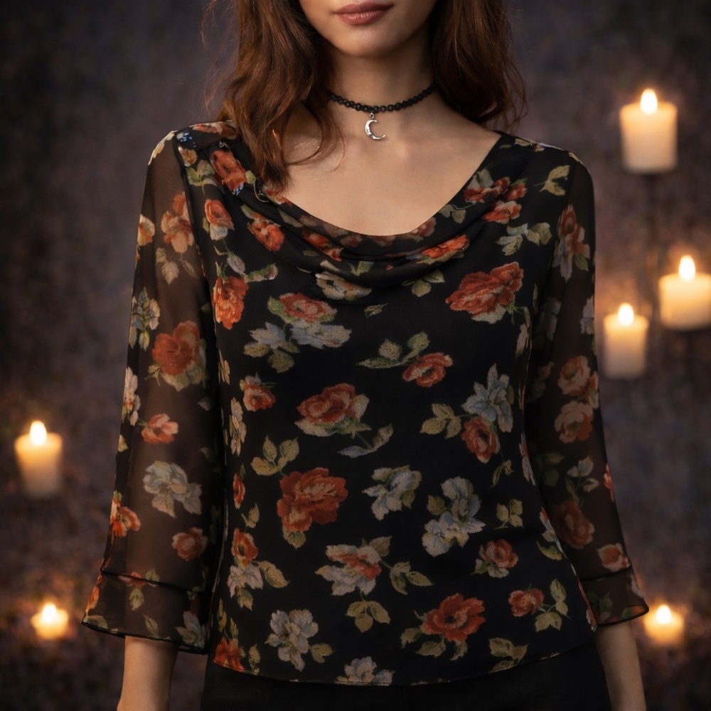 ALEX EVENINGS Black‎ Sheer Beaded Floral Top Y2K Dark Romantic Fairy Grunge M
